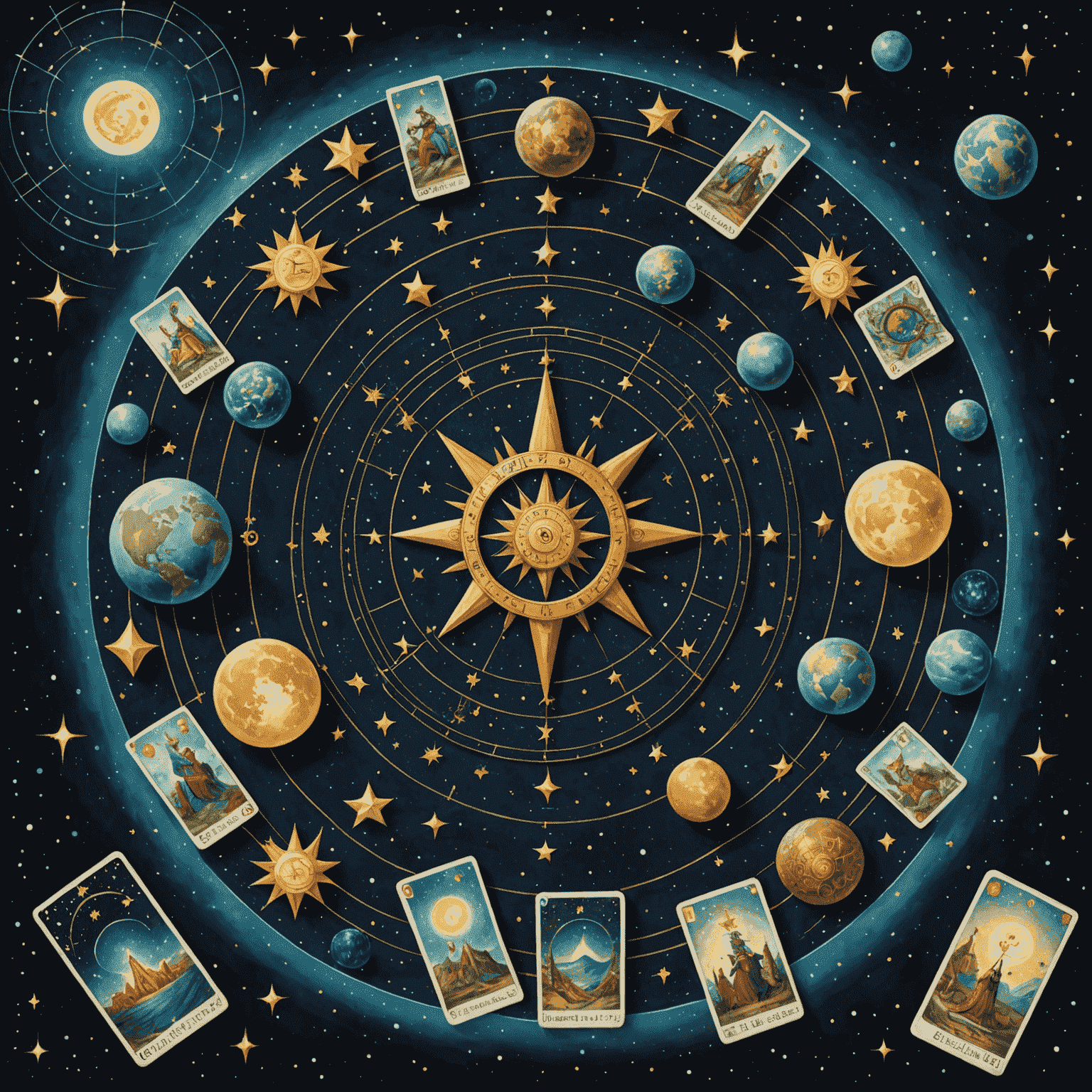 Une image mystique représentant un ciel étoilé avec des symboles astrologiques et des cartes de tarot flottant dans l'espace, évoquant la connexion entre l'astrologie, le tarot et l'univers