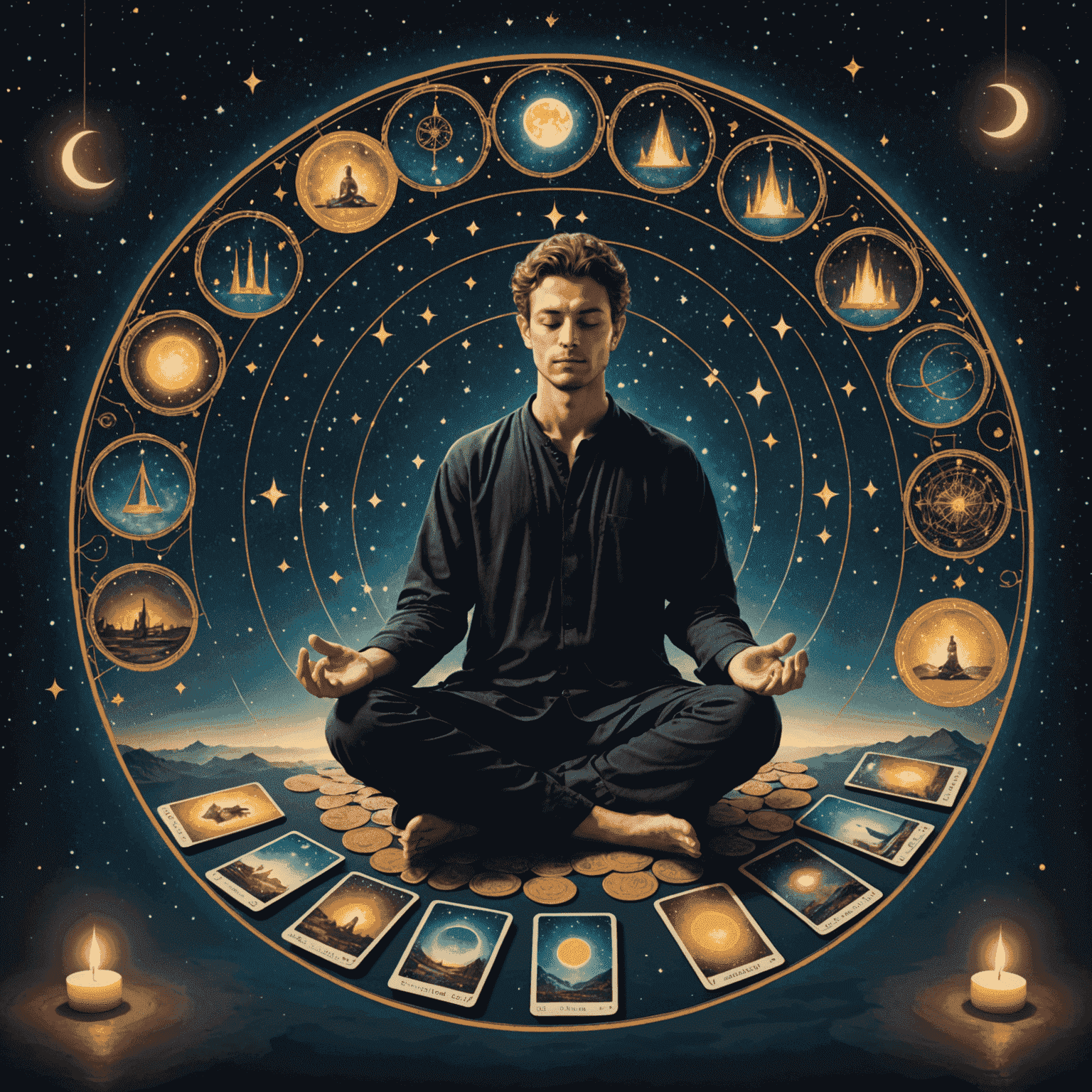 Une image sereine montrant une personne méditant avec des cartes de tarot disposées en cercle autour d'elle. L'arrière-plan est un ciel étoilé avec des constellations visibles.