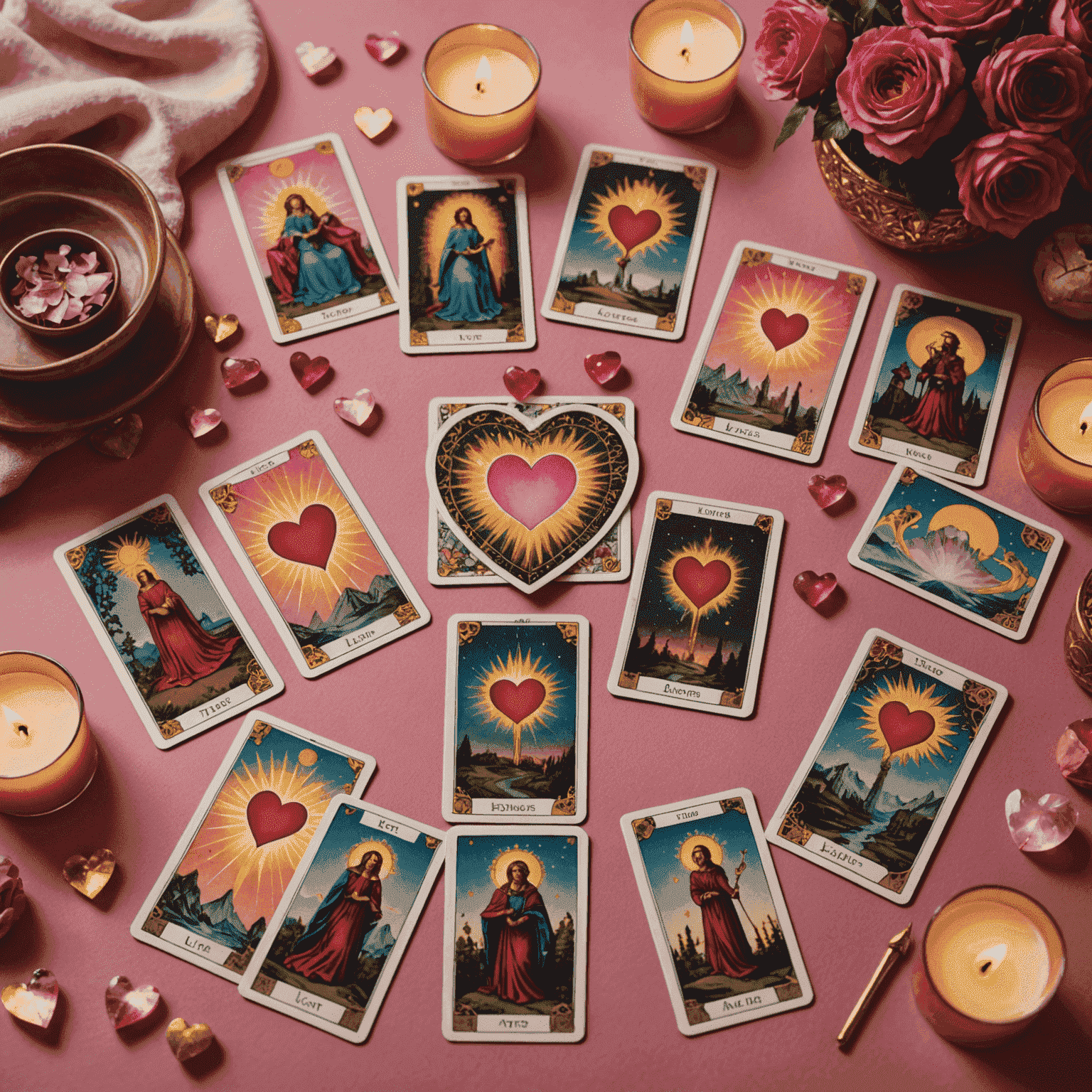 Image montrant un tirage de Tarot en forme de cœur avec des cartes représentant l'amour et les relations, entourées d'une aura rose et dorée