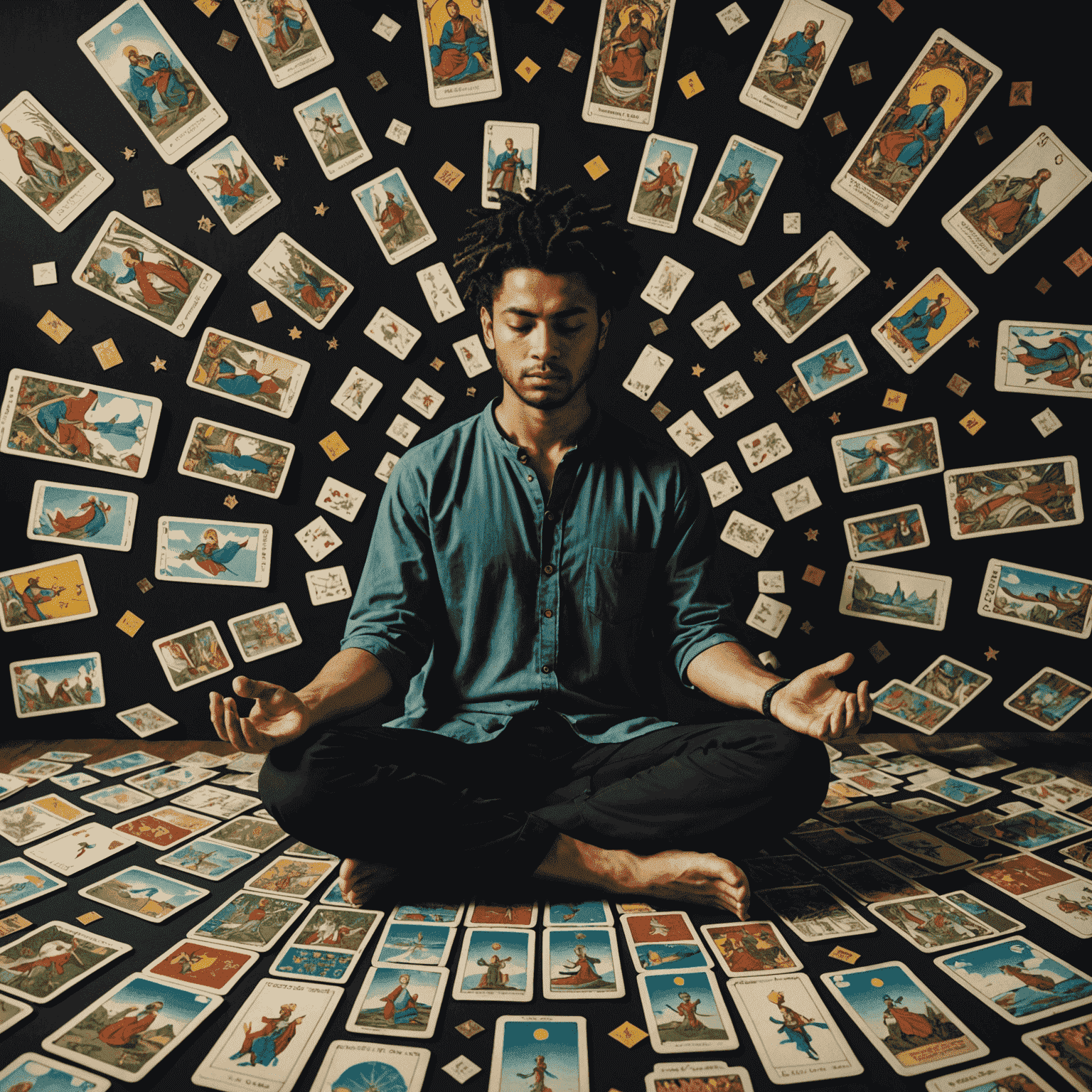 Image montrant une personne en méditation entourée de cartes de Tarot flottantes, symbolisant l'introspection et la croissance personnelle